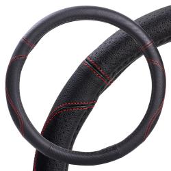 Оплетка на руль, искусст. кожа с перф., черная, красн. прошивка, 38 см/М (AWS-LI-19M)