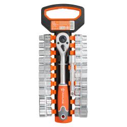 Набор головок 1/2" шестигранных с трещоткой 72Т 22пр. (10-24мм, дюйм. размеры 3/8"-15/16", удл. 125мм) (ATAO083)