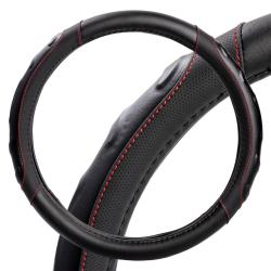 Оплетка на руль, искусст. кожа, рельефная, черная, красн. прошивка, 38 см/М (AWS-LI-22M)