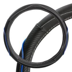 Оплетка на руль, искусст. кожа, текстура карбон, черная/синяя, бел. прошивка, 38 см/М (AWS-LI-17M)
